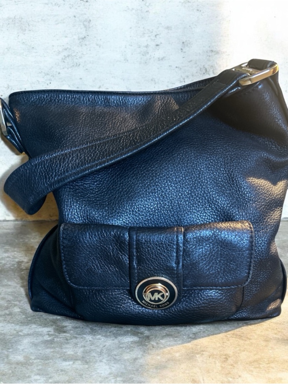 Michael Kors Navy Pebbled Leather Hobo Shoulder Bag with MK Medallion
